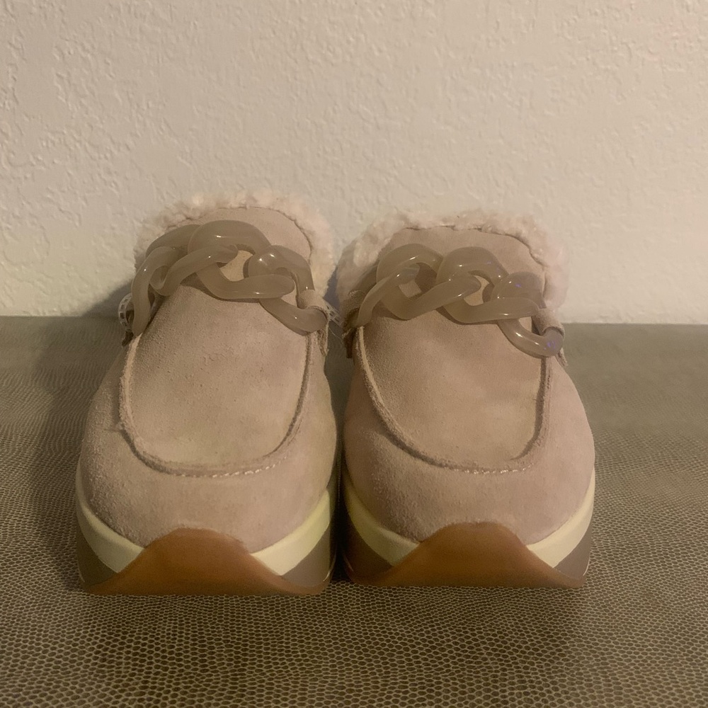 Dolce Vita Tan Suede Mules with Chain Accent